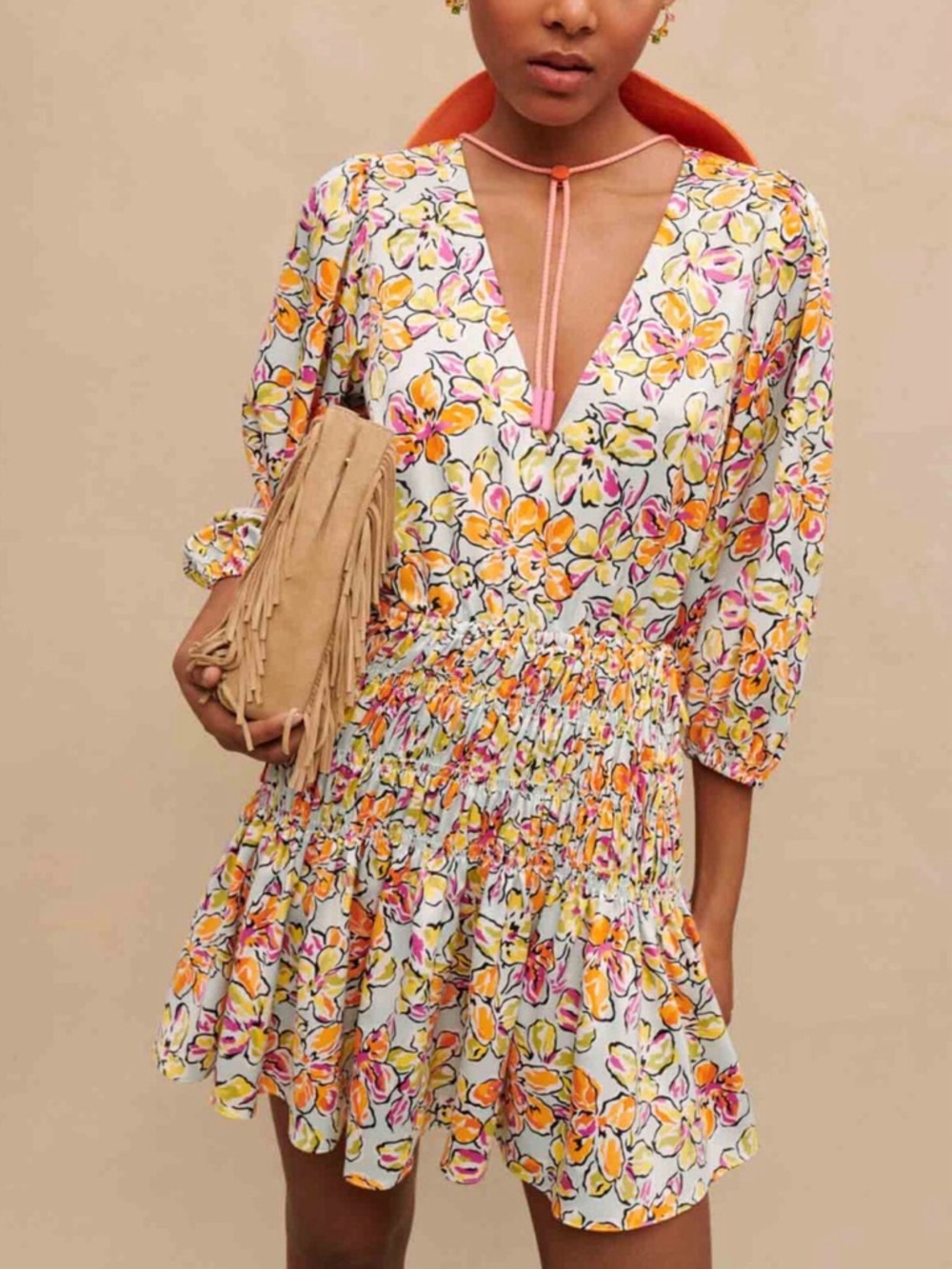 Maje Floral Smocked V-Neck Mini Dress in Multi-Color size Medium like new